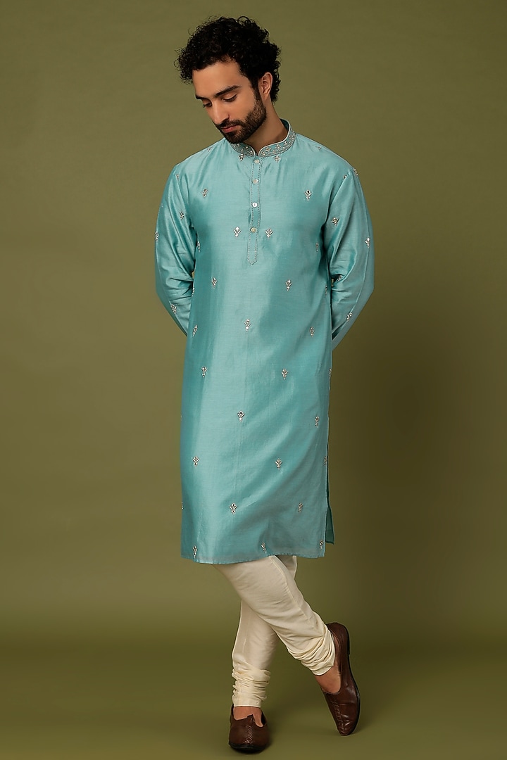 Blue Embroidered Kurta Set by ALOUKIK at Pernia's Pop Up Shop