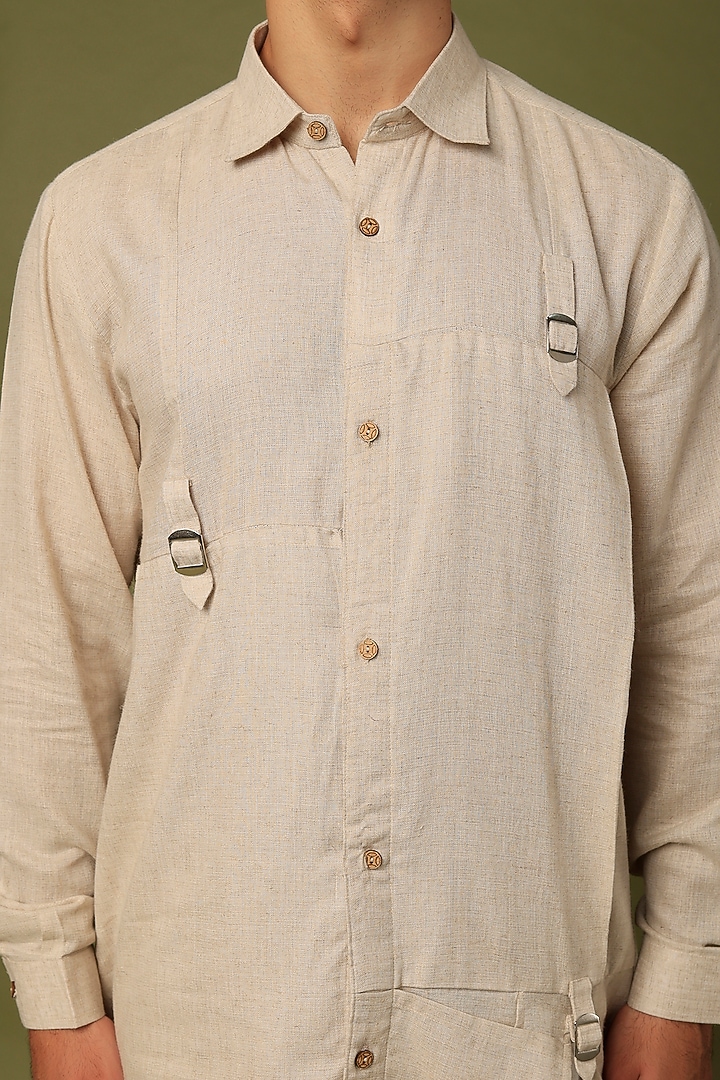 Beige Flax Kurta Set by ALOUKIK at Pernia's Pop Up Shop