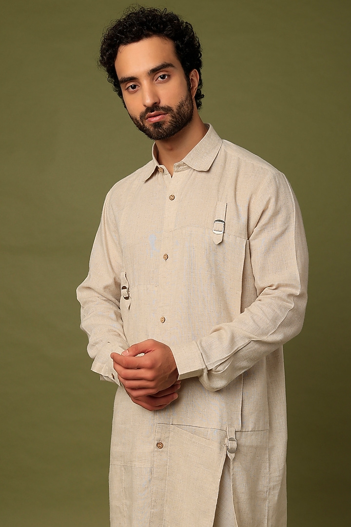 Beige Flax Kurta Set by ALOUKIK at Pernia's Pop Up Shop