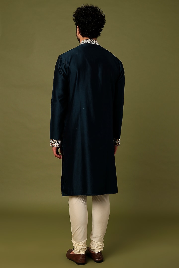 Teal Blue Chanderi Embroidered Kurta Set by ALOUKIK at Pernia's Pop Up Shop