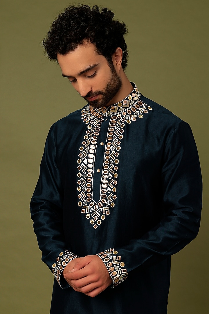 Teal Blue Chanderi Embroidered Kurta Set by ALOUKIK at Pernia's Pop Up Shop