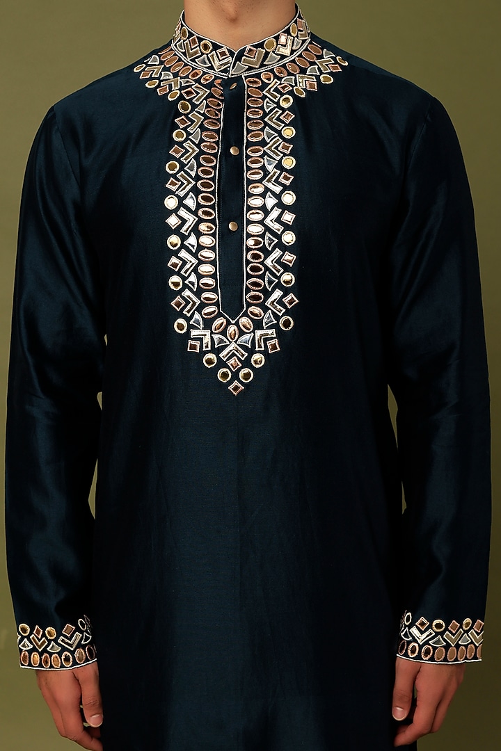 Teal Blue Chanderi Embroidered Kurta Set by ALOUKIK at Pernia's Pop Up Shop