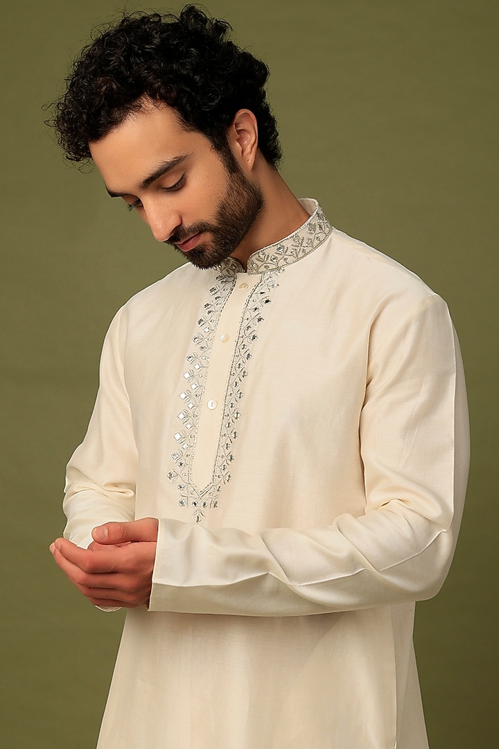 Beige Pure Chanderi Embroidered Kurta Set by ALOUKIK at Pernia's Pop Up Shop