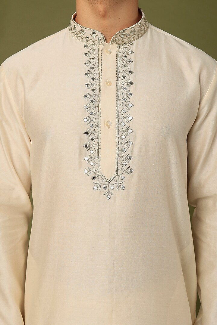 Beige Pure Chanderi Embroidered Kurta Set by ALOUKIK at Pernia's Pop Up Shop