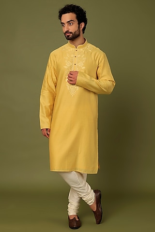 Yellow Embroidered Kurta Set by ALOUKIK