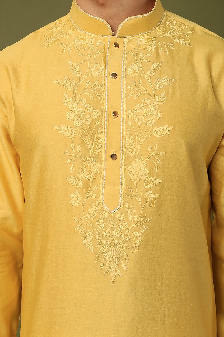 Yellow Embroidered Kurta Set by ALOUKIK at Pernia's Pop Up Shop