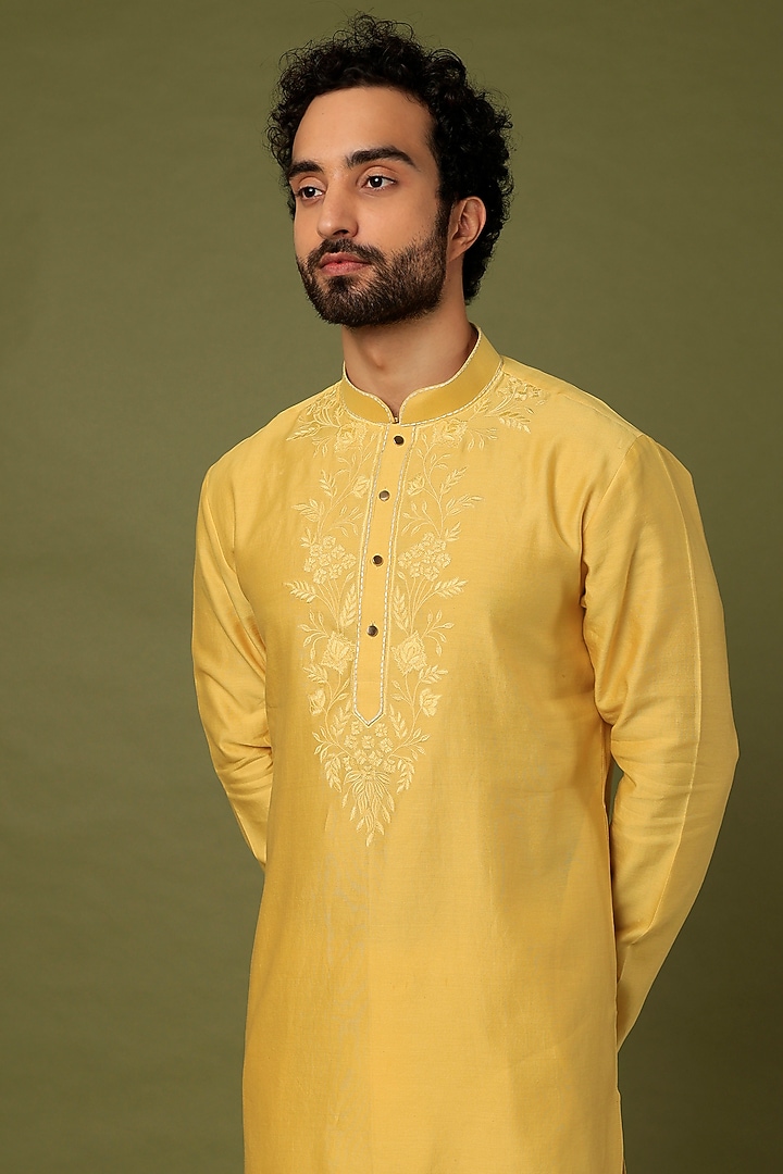 Yellow Embroidered Kurta Set by ALOUKIK at Pernia's Pop Up Shop