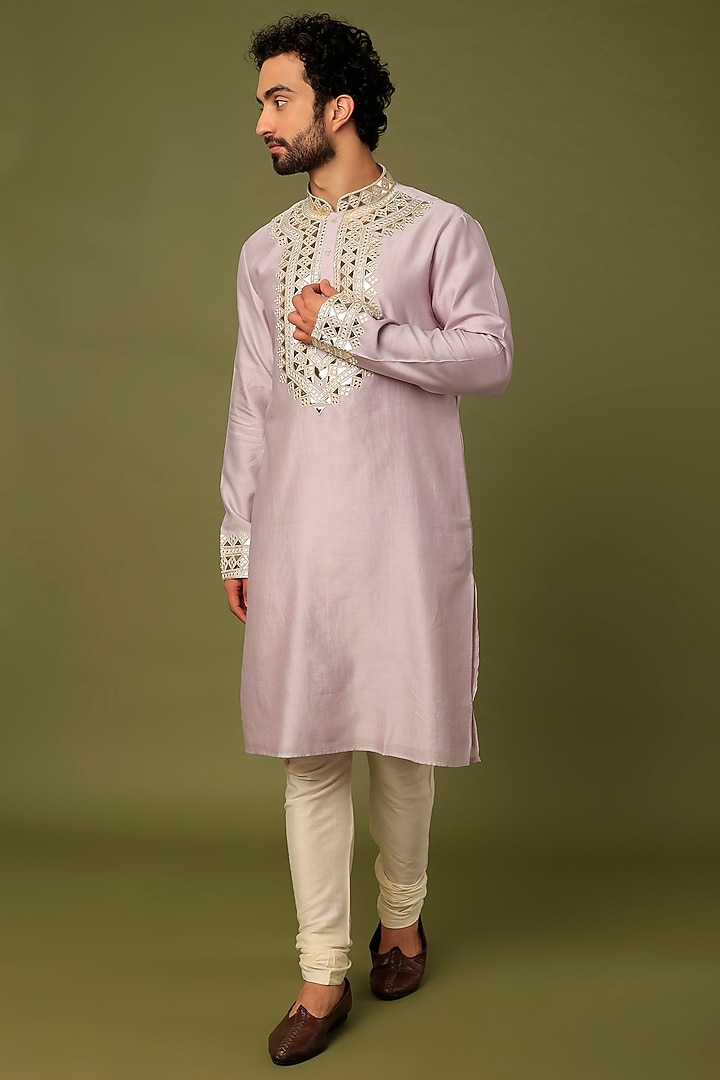 Lilac Chanderi Embroidered Kurta Set by ALOUKIK at Pernia's Pop Up Shop
