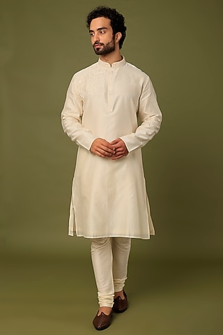 Beige Chanderi Embroidered Kurta Set by ALOUKIK