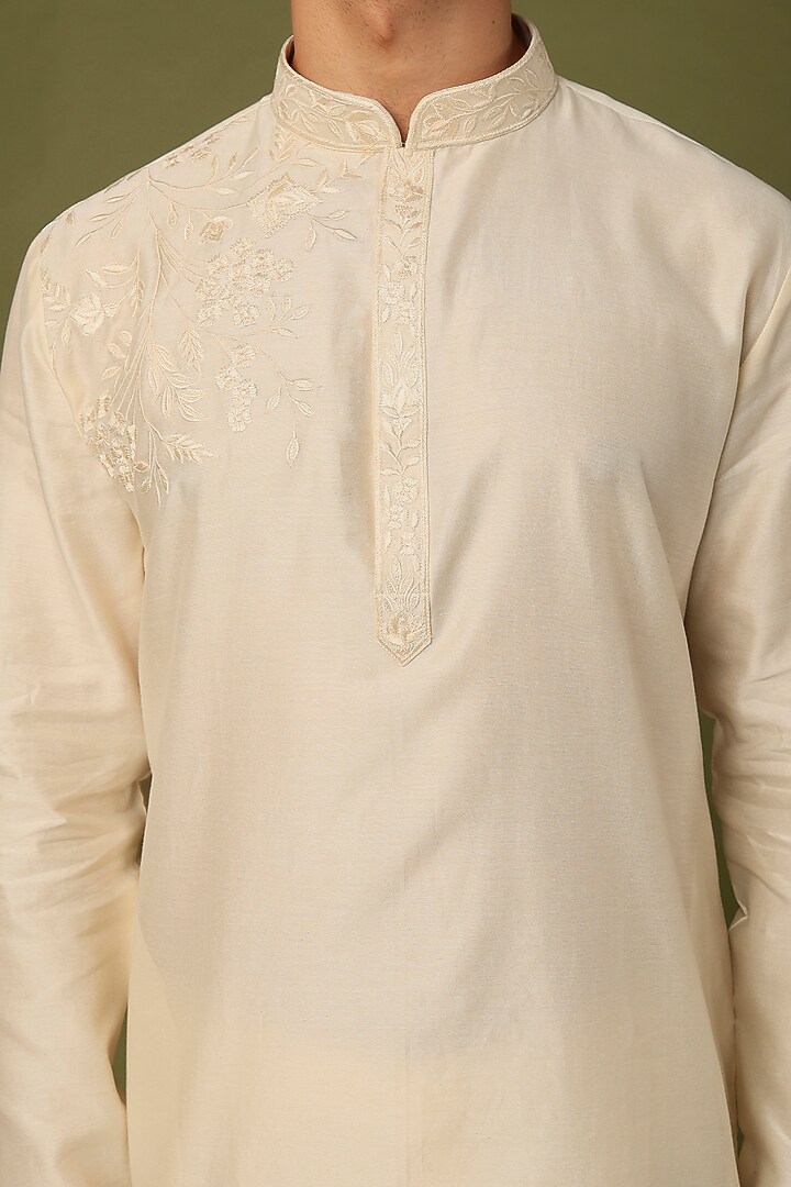 Beige Chanderi Embroidered Kurta Set by ALOUKIK at Pernia's Pop Up Shop