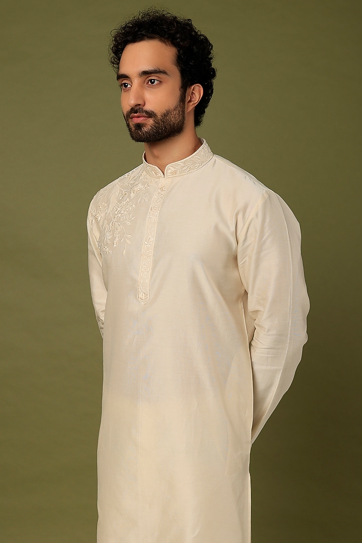Beige Chanderi Embroidered Kurta Set by ALOUKIK at Pernia's Pop Up Shop