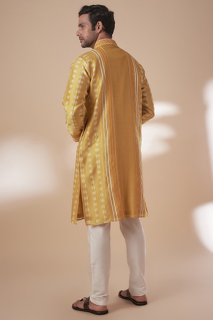 Yellow Chanderi Tie-Dye & Hand Embroidered Kurta Set by SAMMOHAN at Pernia's Pop Up Shop