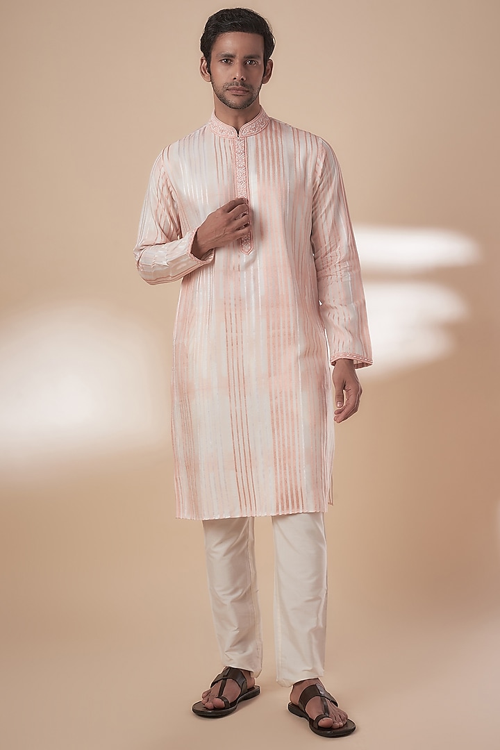 Peach Tussar Tie-Dye & Resham Work Kurta Set by SAMMOHAN at Pernia's Pop Up Shop