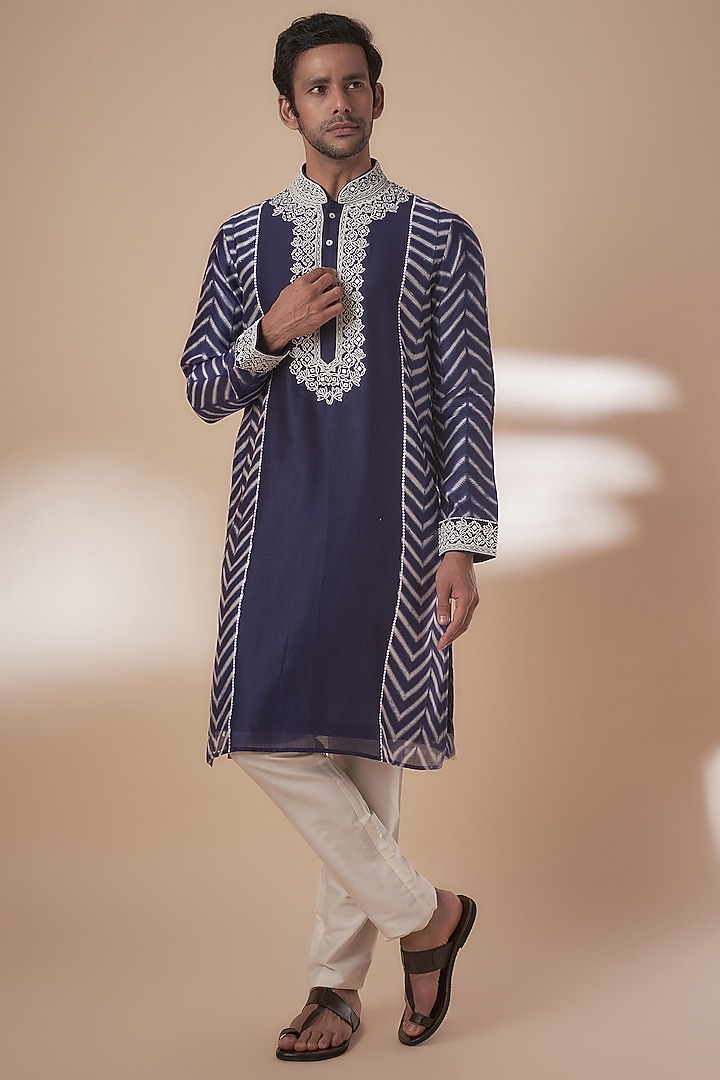 Blue Chanderi Tie-Dye & Hand Embroidered Kurta Set by SAMMOHAN at Pernia's Pop Up Shop