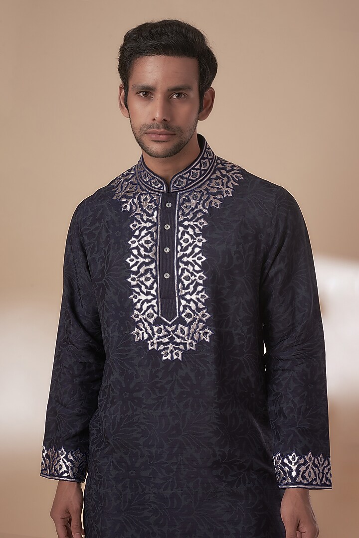 Blue Tussar Block Printed & Resham Work Kurta Set by SAMMOHAN at Pernia's Pop Up Shop