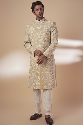 Beige Tussar Dori Work Sherwani Set by SAMMOHAN