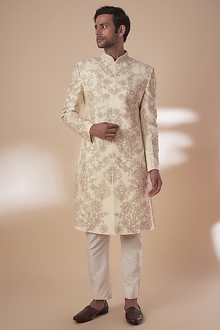 Beige Tussar Threadwork Sherwani Set by SAMMOHAN