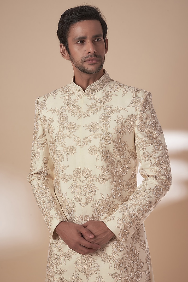 Beige Tussar Threadwork Groom Sherwani Set by SAMMOHAN at Pernia's Pop Up Shop