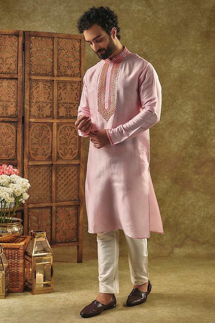 Baby Pink Tussar Abla Embroidered Kurta Set by SAMMOHAN