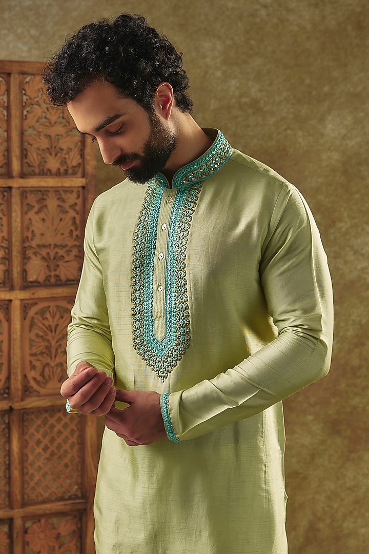 Pista Green Tussar Abla Embroidered Handcrafted Kurta Set by SAMMOHAN at Pernia's Pop Up Shop