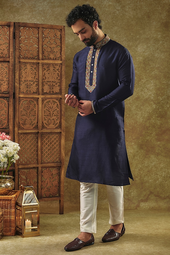 Navy Blue Tussar Resham Embroidered Kurta Set by SAMMOHAN