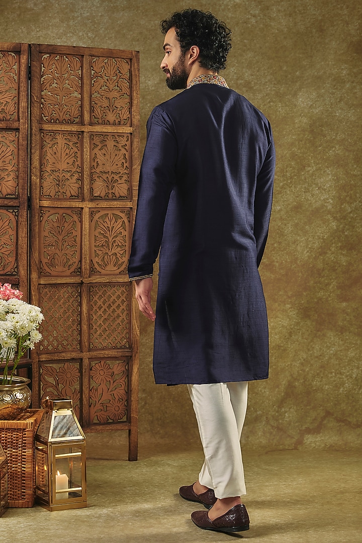 Navy Blue Tussar Resham Embroidered Handcrafted Kurta Set by SAMMOHAN at Pernia's Pop Up Shop
