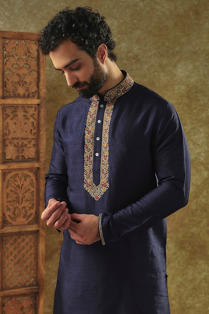 Navy Blue Tussar Resham Embroidered Handcrafted Kurta Set by SAMMOHAN at Pernia's Pop Up Shop