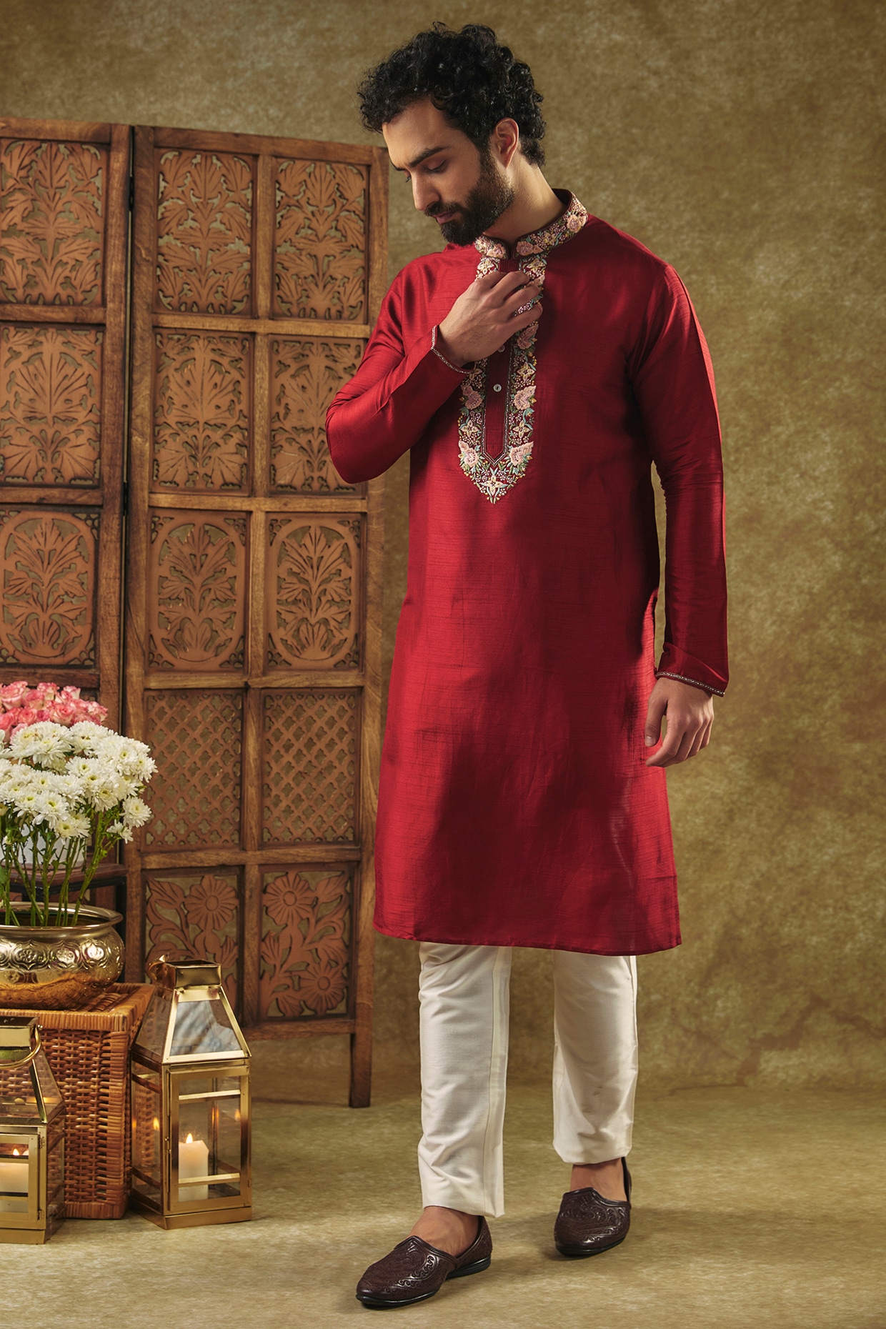 Mens Maroon Asymmetrical Nehru Jacket with Kurta Set – Spring Break