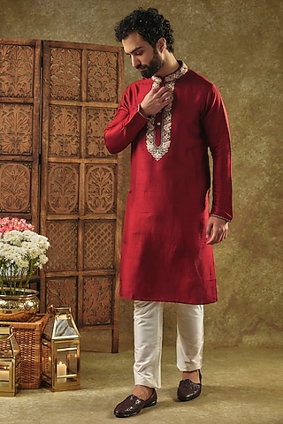 Red Tussar Resham Embroidered Handcrafted Kurta Set by SAMMOHAN