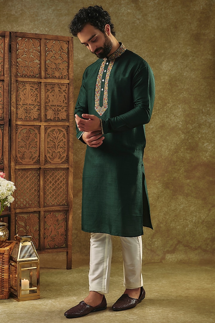 Bottle Green Tussar Resham Embroidered Kurta Set by SAMMOHAN