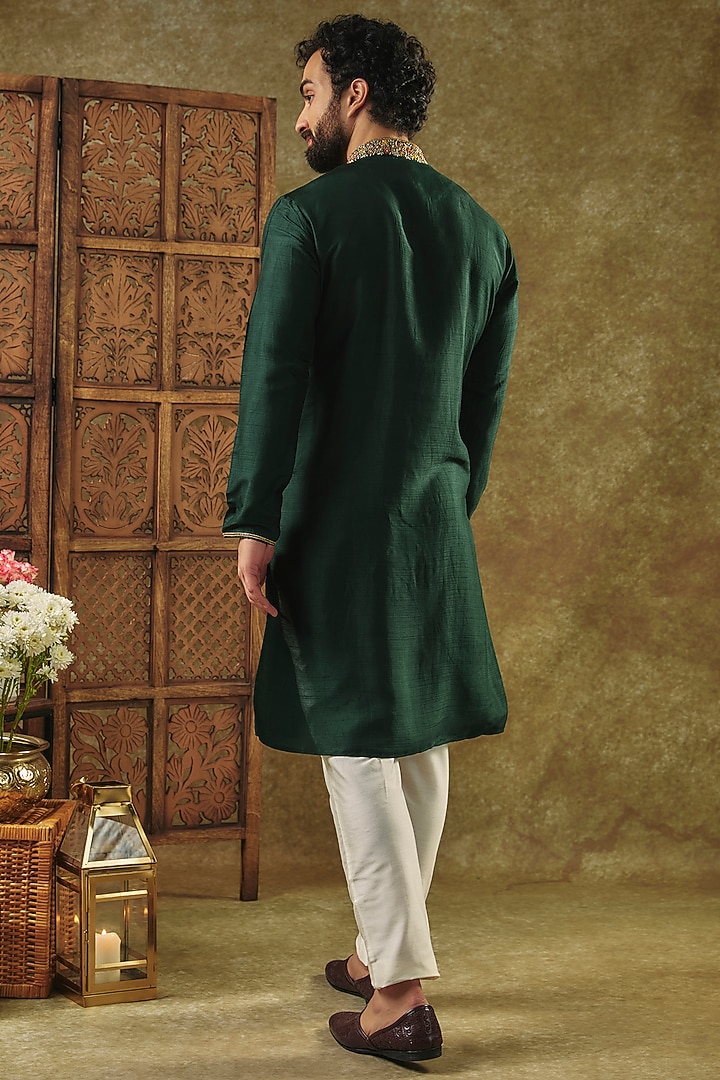 Bottle Green Tussar Resham Embroidered Handcrafted Kurta Set by SAMMOHAN at Pernia's Pop Up Shop