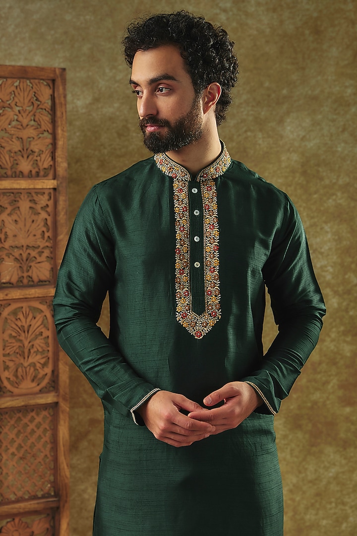 Bottle Green Tussar Resham Embroidered Handcrafted Kurta Set by SAMMOHAN at Pernia's Pop Up Shop