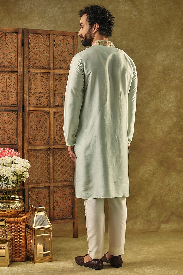 Mint Green Tussar Resham Embroidered Handcrafted Kurta Set by SAMMOHAN at Pernia's Pop Up Shop