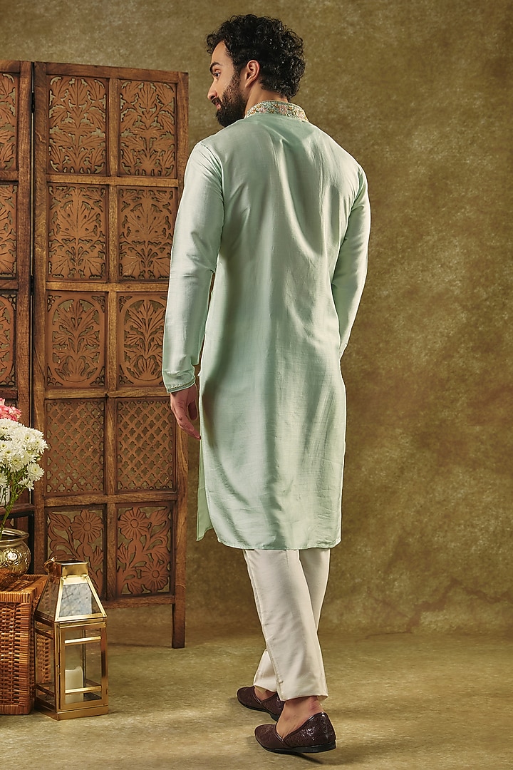 Mint Green Tussar Resham Embroidered Handcrafted Kurta Set by SAMMOHAN at Pernia's Pop Up Shop