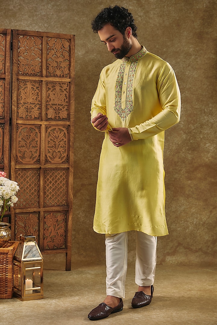 Yellow Tussar Resham Embroidered Kurta Set by SAMMOHAN