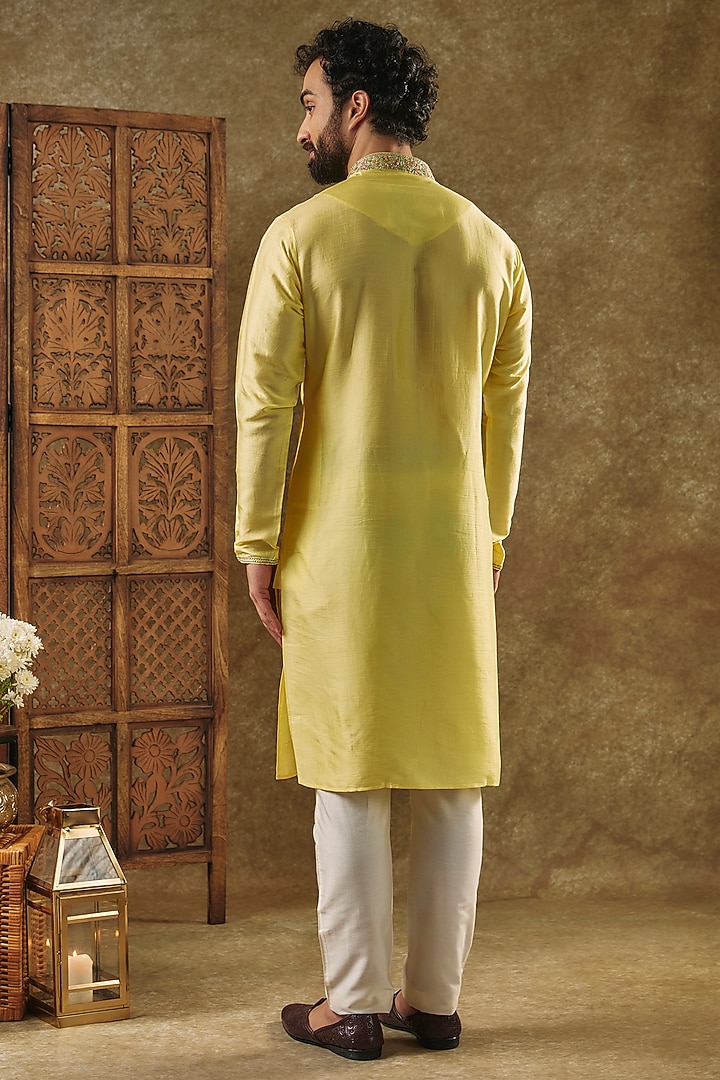 Yellow Tussar Resham Embroidered Handcrafted Kurta Set by SAMMOHAN at Pernia's Pop Up Shop