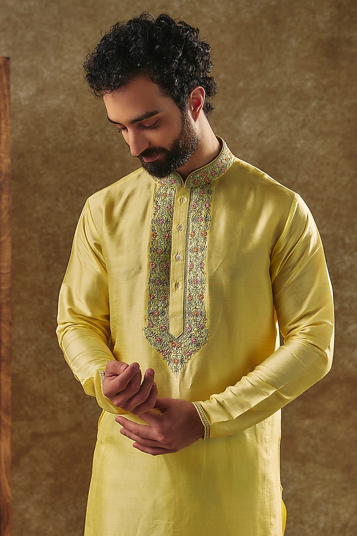 Yellow Tussar Resham Embroidered Handcrafted Kurta Set by SAMMOHAN at Pernia's Pop Up Shop