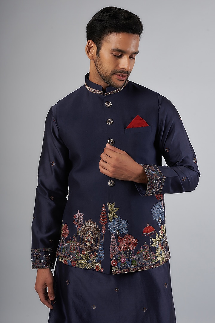Navy Blue Tussar Resham Embroidered Bundi Jacket by SAMMOHAN at Pernia's Pop Up Shop