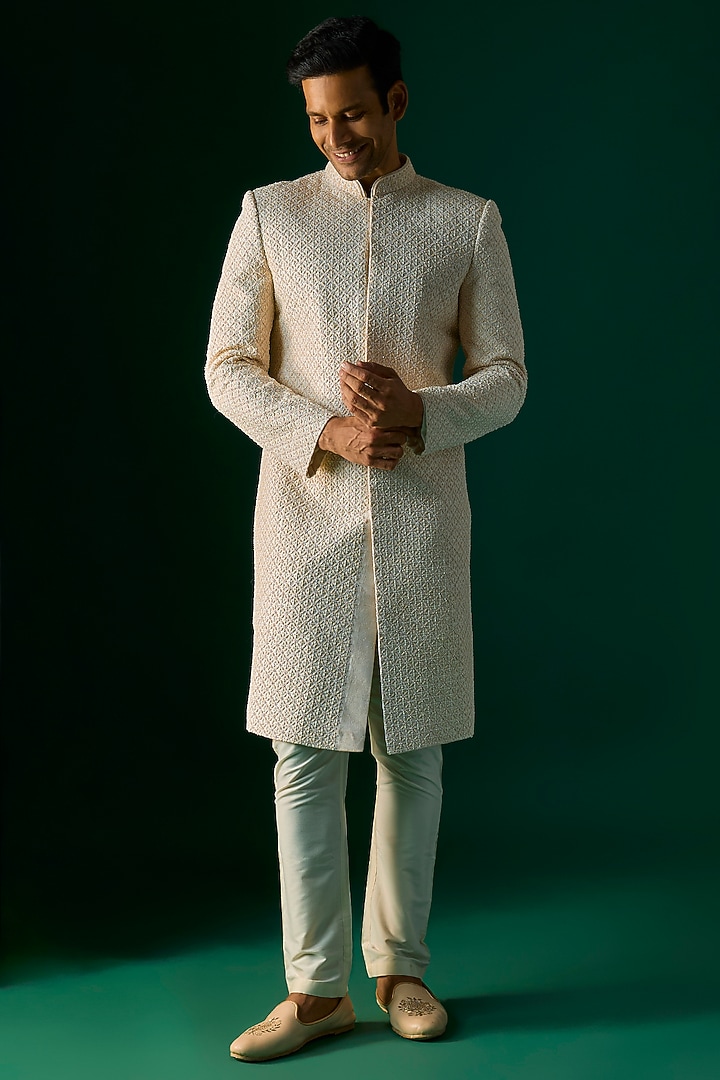 Off-White Silk Groom Sherwani Set by SAMMOHAN at Pernia's Pop Up Shop