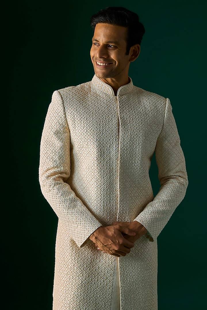 Off-White Silk Groom Sherwani Set by SAMMOHAN at Pernia's Pop Up Shop