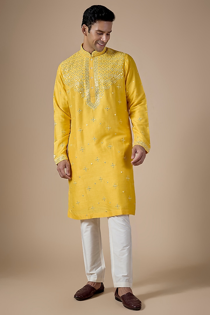 Yellow Silk Kurta Set by SAMMOHAN at Pernia's Pop Up Shop