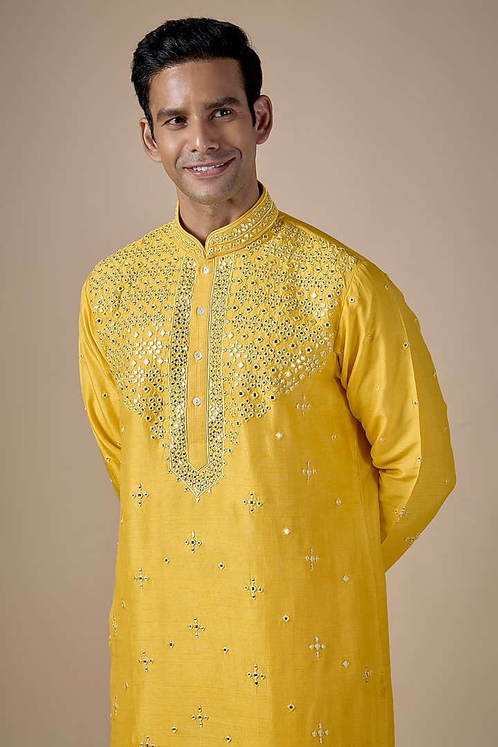 Yellow Silk Kurta Set by SAMMOHAN at Pernia's Pop Up Shop