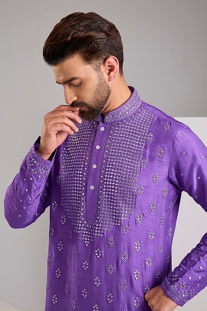 Lavender Silk Mirror Work Kurta Set by SAMMOHAN at Pernia's Pop Up Shop