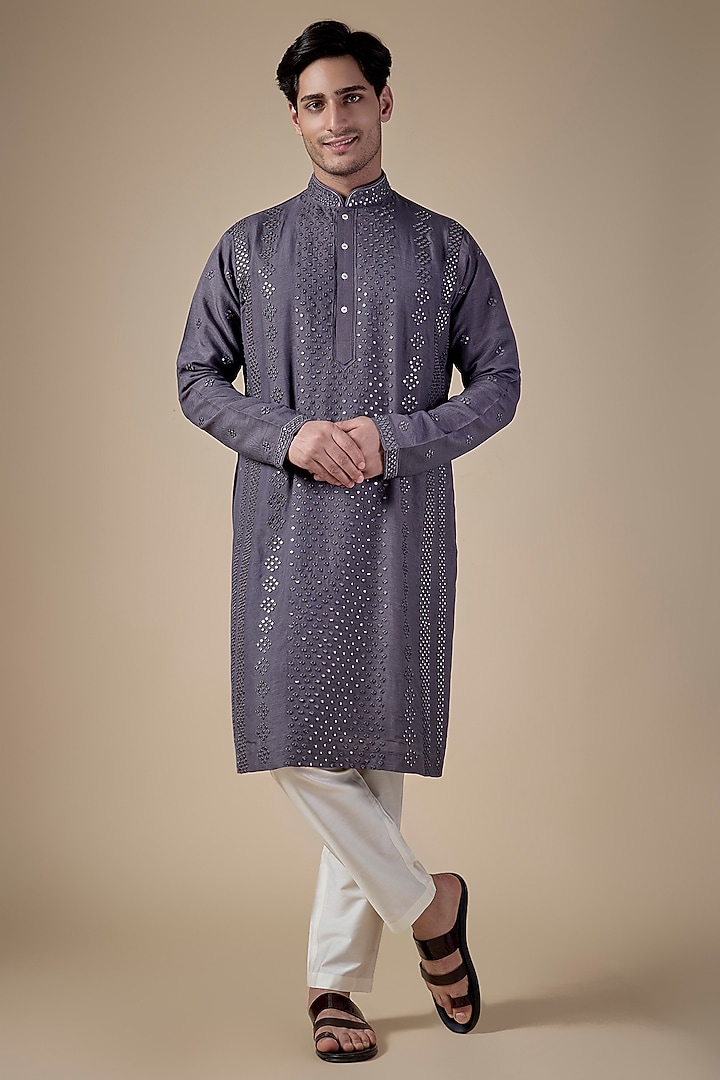Grey Silk Kurta Set by SAMMOHAN at Pernia's Pop Up Shop