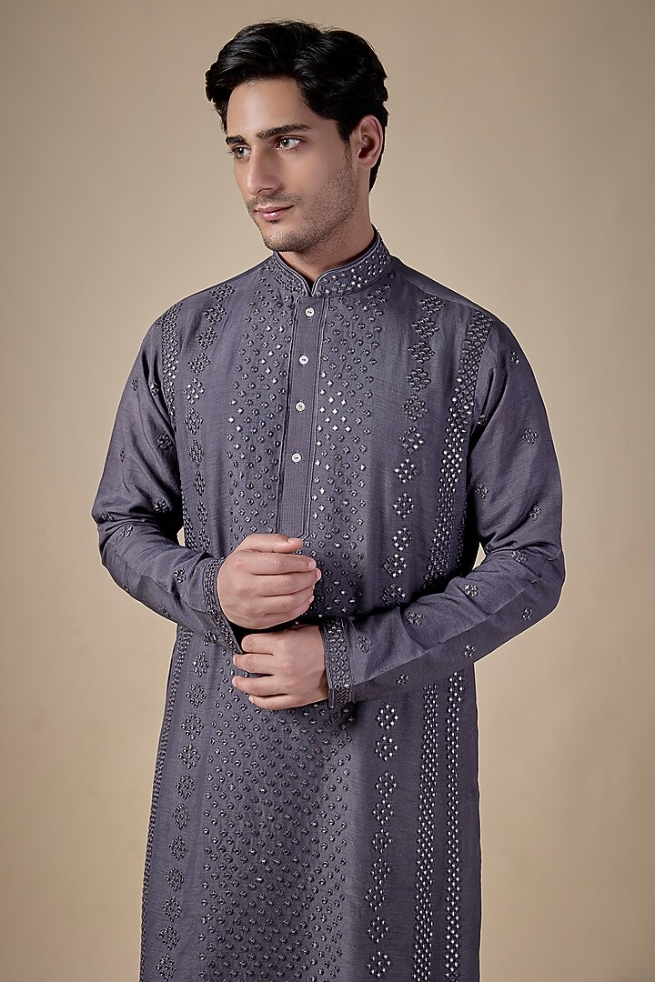 Grey Silk Kurta Set by SAMMOHAN at Pernia's Pop Up Shop