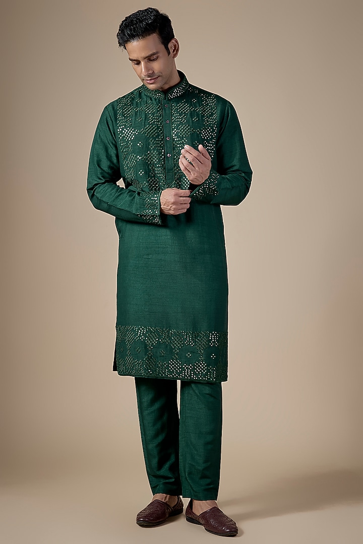 Green Silk Kurta Set by SAMMOHAN at Pernia's Pop Up Shop