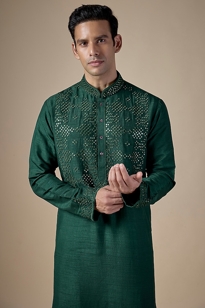 Green Silk Kurta Set by SAMMOHAN at Pernia's Pop Up Shop
