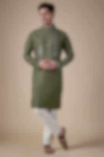 Olive Silk Kurta Set by SAMMOHAN at Pernia's Pop Up Shop