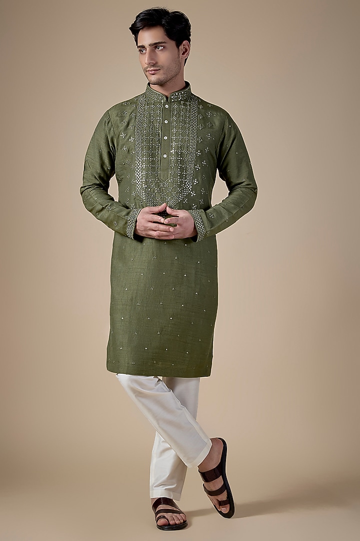 Olive Silk Kurta Set by SAMMOHAN at Pernia's Pop Up Shop