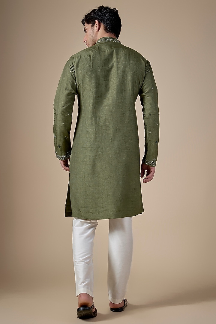 Olive Silk Kurta Set by SAMMOHAN at Pernia's Pop Up Shop